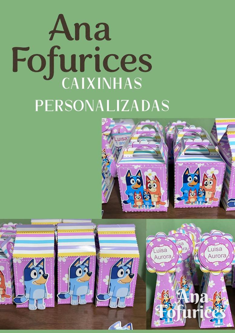 Caixinhas personalizadas do tema Bluey com nome Luisa Aurora